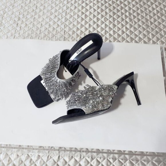 NWT Zara black, grey & silver beaded strap heeled sandals - Picture 11 of 16